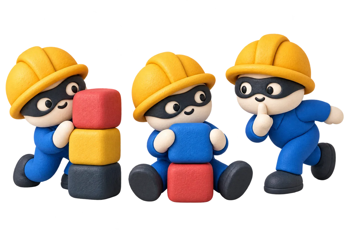 Three clay builders in yellow hardhats and black masks sneak around with colorful clay blocks, one holding a finger to his lips.