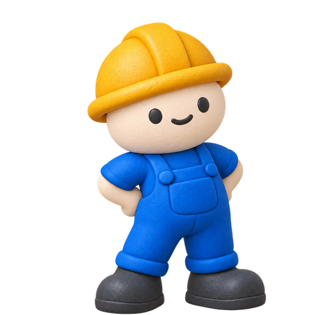 A cheerful clay builder in a yellow hard hat, hands on his hips