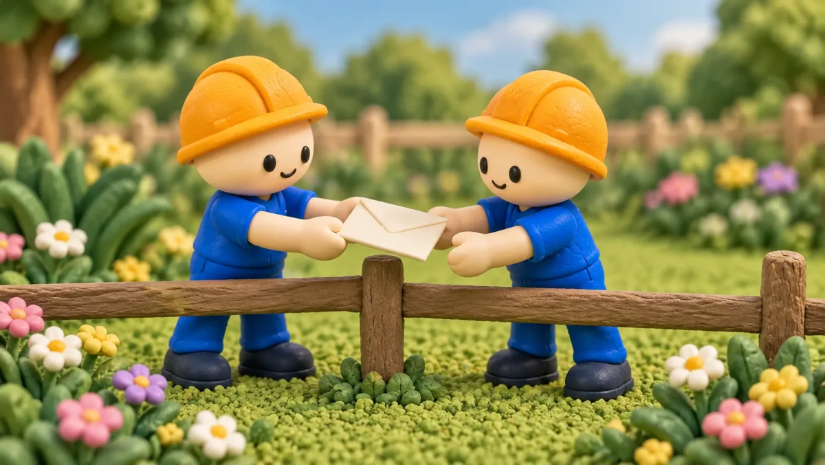 A clay builder passing a folded note over a tiny fence to a neighbour