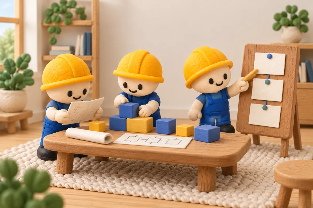 Three clay builders sharing a plan and assembling a project at a table