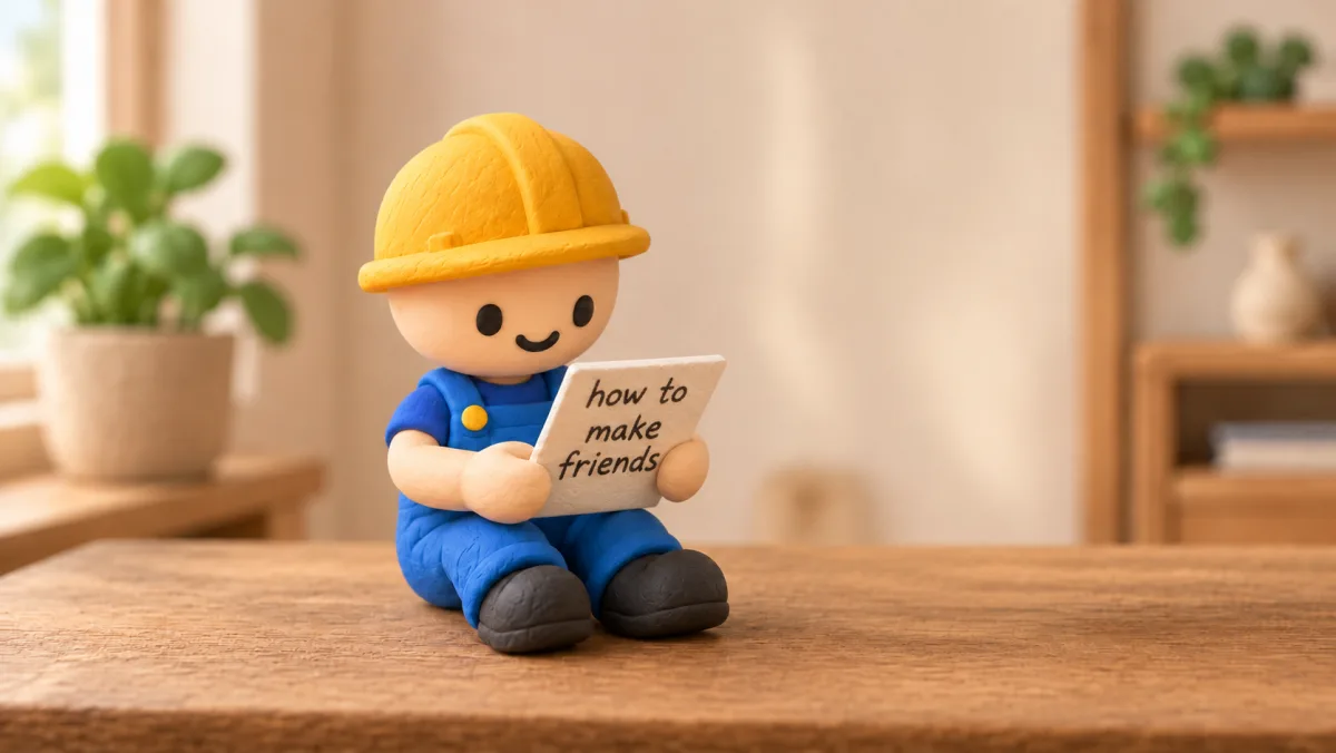 A clay builder reading a page titled how to make friends