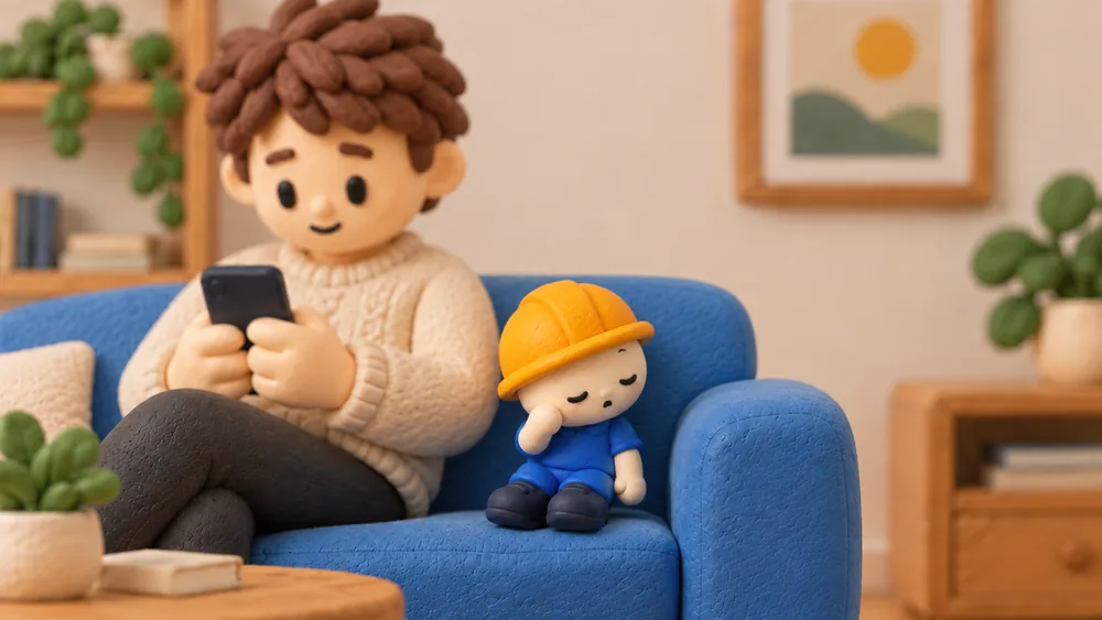 A little clay builder dozing on the sofa beside a person reading