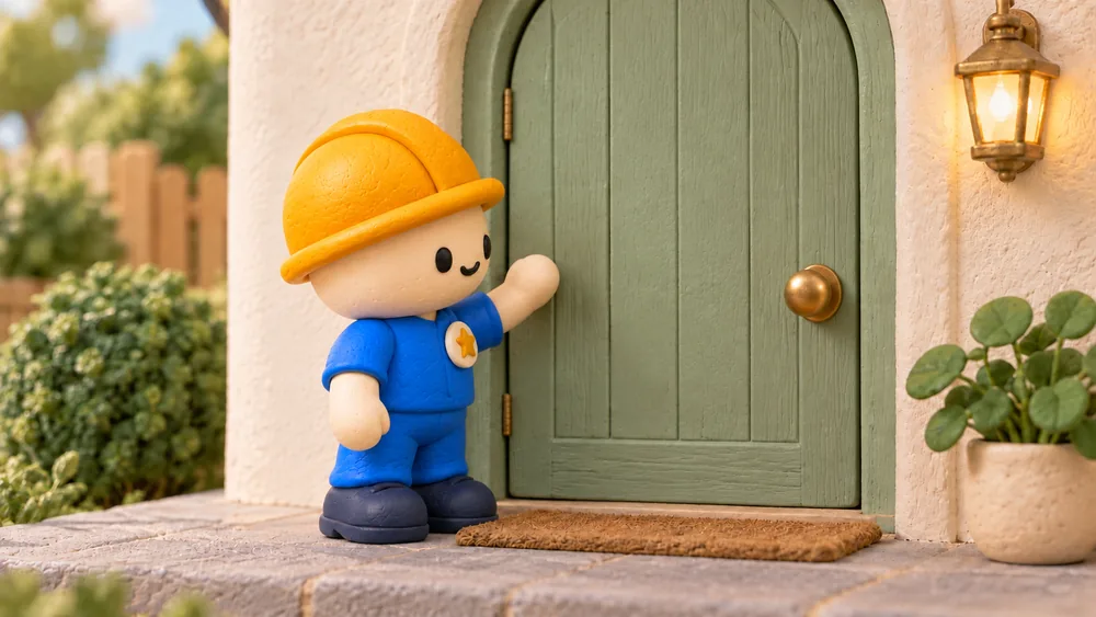 A clay builder welcomed by another builder at a miniature doorway