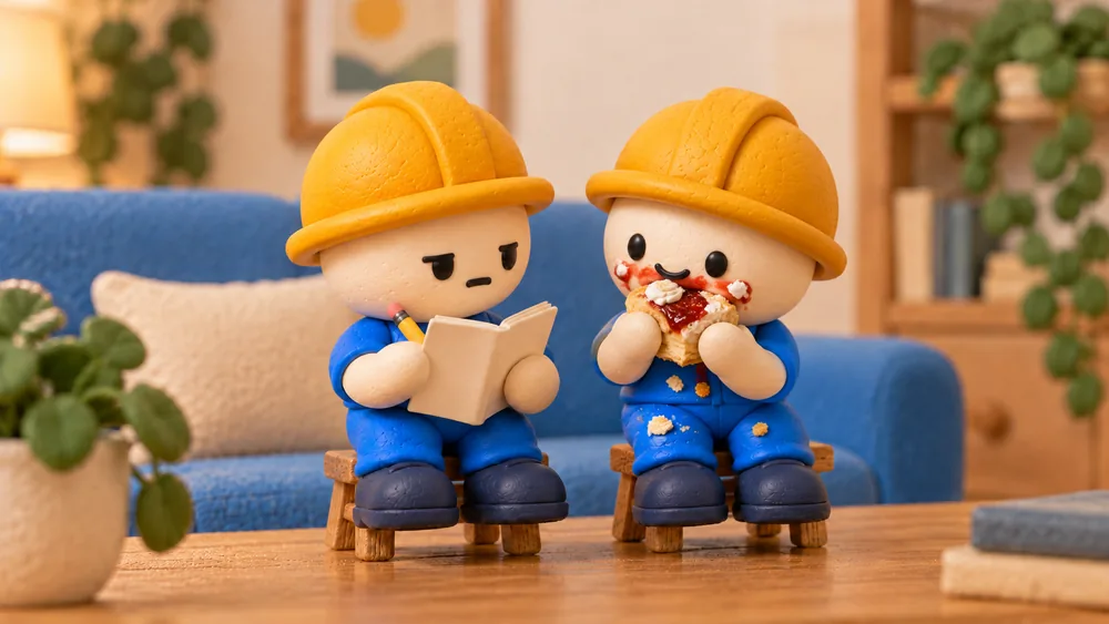 One builder writes a private note while his friend eats a messy pastry