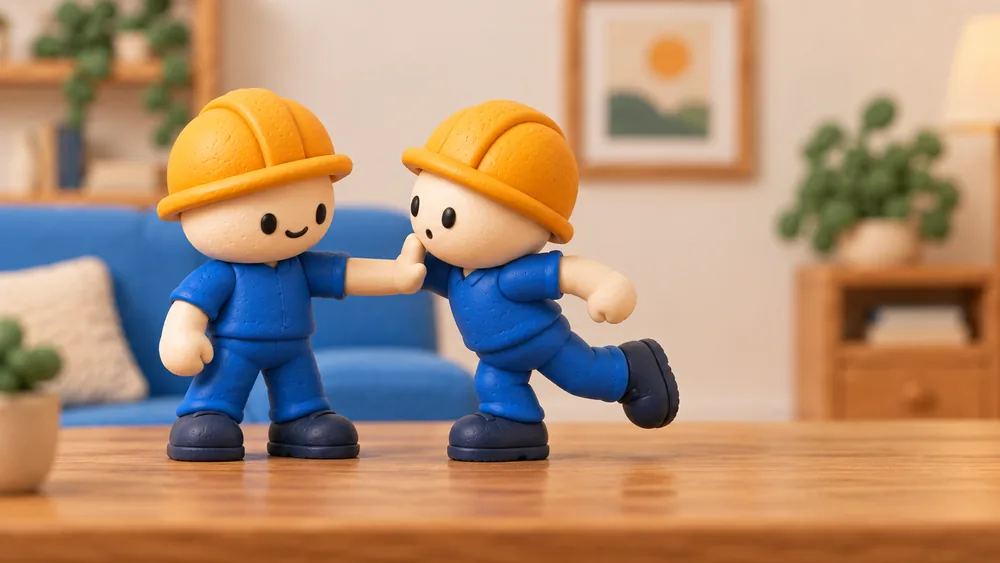 A clay builder holding another builder at arm’s length